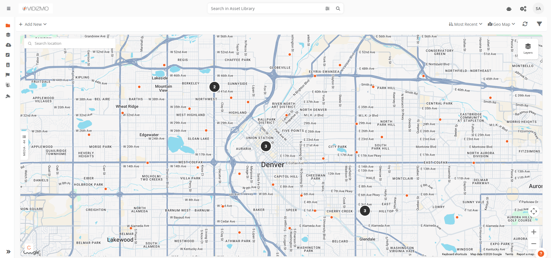 Geo Map View showing clusters and individual markers with an overlay card